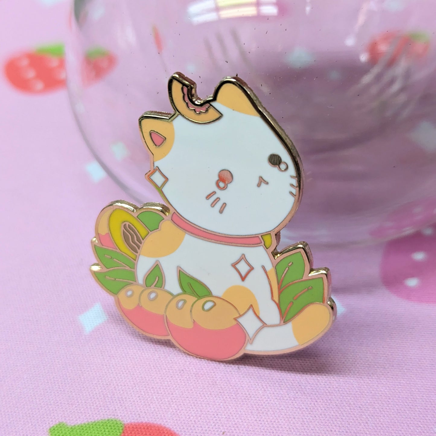White and Orange Peach Cat Fruit Kitty Enamel Pin