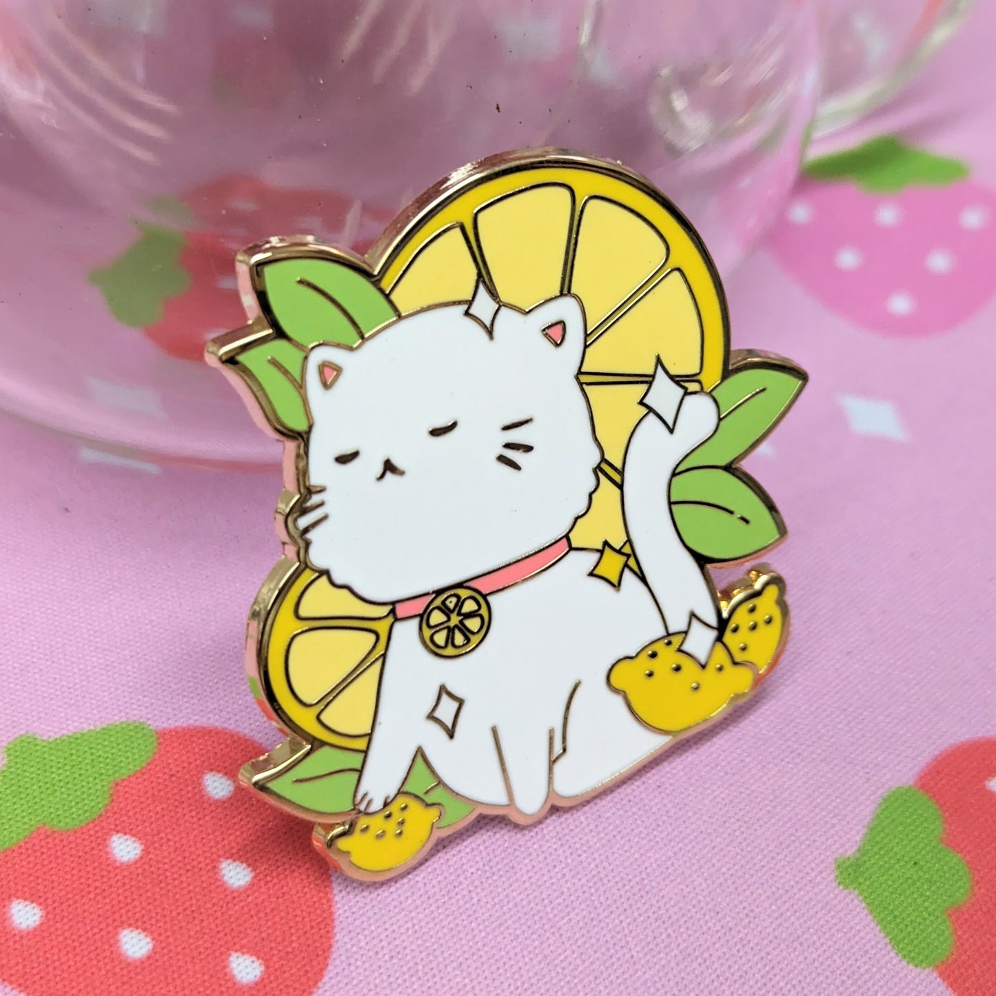 2" White Lemon Cat Fruit Kitty Enamel Pin