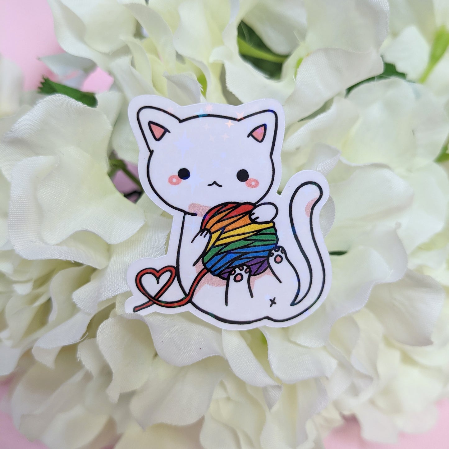 Pride Yarn Kitty Holographic Pride Glitter ~ Waterproof Die Cut Sticker ~ Gay Bi Asexual Trans Lesbian Gender Fluid Non Binary Pan